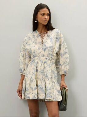 Sandro Josella Cream Mini Dress with Light Blue Floral Print